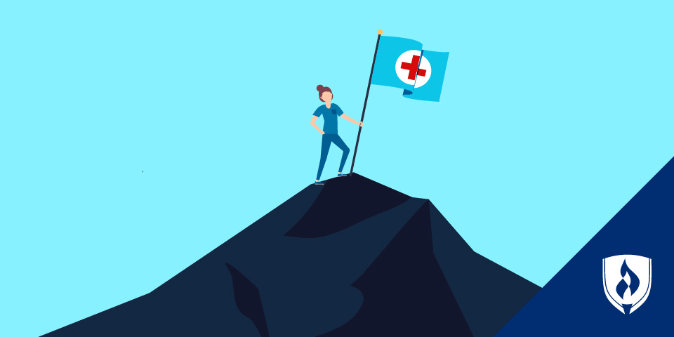 一名护士举着护理旗站在山上的插图