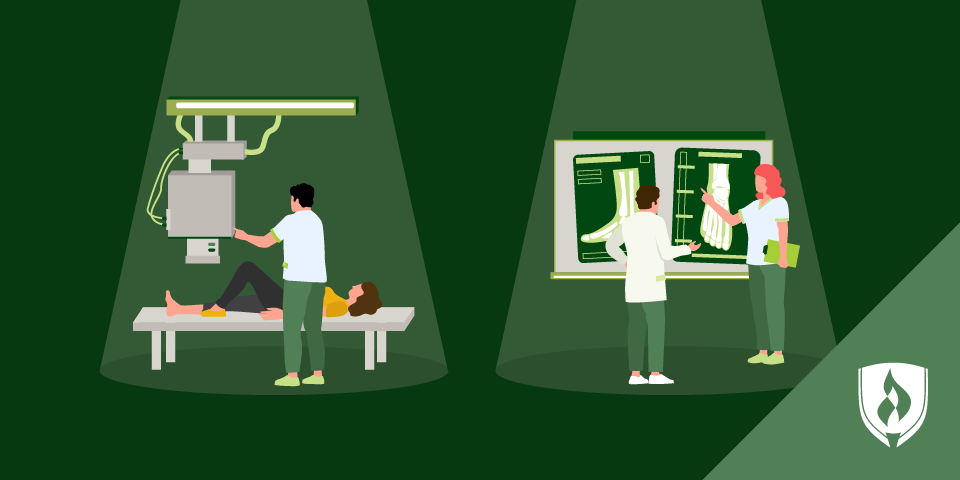 illustration of a radiologist performing an exam and radiologist on the other side interpreting the scan representing radiologic tech and radiologist