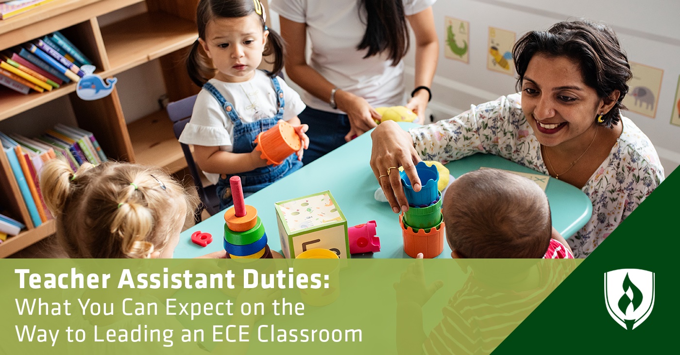 photo of an early childhood teacher assistant playing with preschoolers